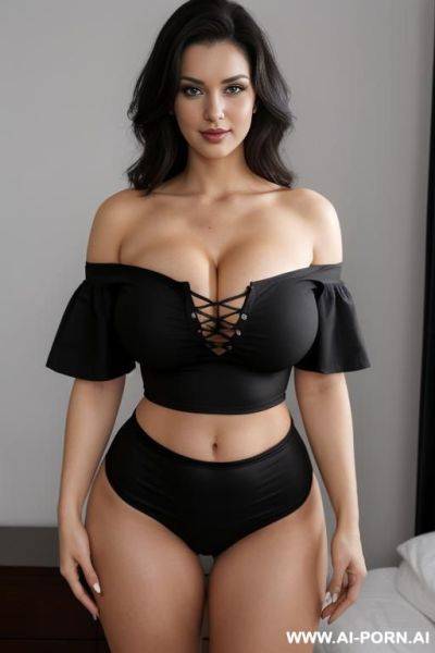 Pretty lady, big natural breasts, sexy body, tight black off-shoulder shirt, cropped shirt, (black underwear), cleavage, standing in bedroom, looking at viewer - ai-porn.ai on pornintellect.com