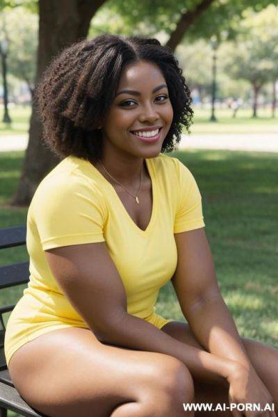 Looking at the camera, dark skinned, short, gymnast, thick arm muscles, model, 20 years old, smiling, sitting in the park in summer wearing a yellow short sleeve - ai-porn.ai on pornintellect.com