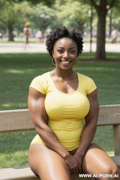 Looking at the camera, dark skinned, short, gymnast, ((thick arm muscles)), model, 20 years old, smiling, sitting in the park in summer wearing a yellow short sleeve - ai-porn.ai on pornintellect.com