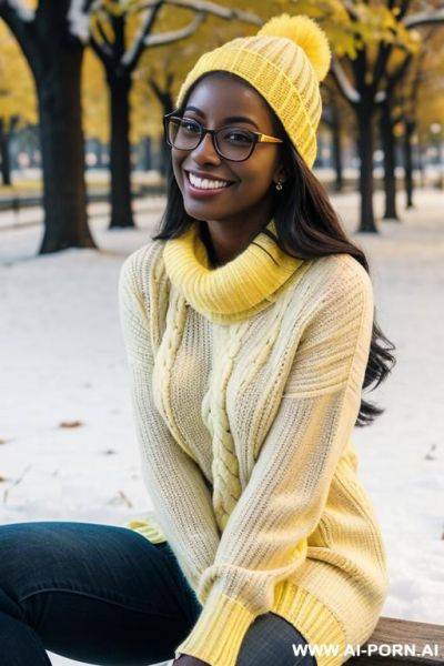 Dark skinned, nerdy, 20 years old, smiling, sitting in the park in winter wearing a yellow sweater - ai-porn.ai on pornintellect.com