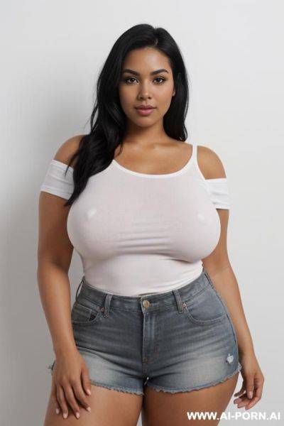 Very realistic and perfect picture, (beautiful black hair), ((short and curvy body)), standing in front of a white plaster wall, very attractive curvy woman, body, white skin, black hair, thick - ai-porn.ai on pornintellect.com