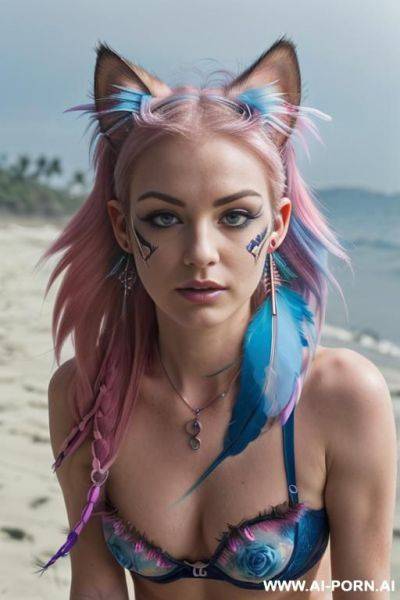 Face, sexy, beautiful, ((face painting)), ((bikini as seashell)), ((tattoo roses)), ((eyes shw)), ((angel wings)), ((rainbow hair)), ((one rose in hair) ((long bu hair)), ((wind)), (( cat face)), (( - ai-porn.ai on pornintellect.com