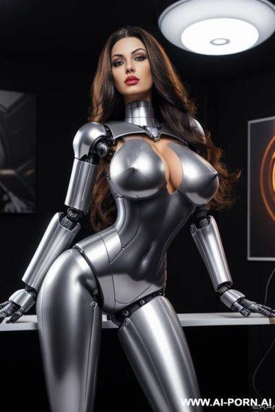 Sexbot, front view, full body view, standing upright, hands on spaceship control desk, looking at viewer, beautiful seductive human face with tanned silicone skin, long straight blonde hair, big - ai-porn.ai on pornintellect.com
