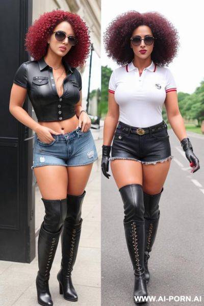 Tanned woman dressed in short ripped denim shorts and strapon, knee-high black boots, polo shirt, red curly hair, very big muscle thighs, short leather gloves - ai-porn.ai on pornintellect.com