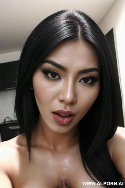 Hot asian transgender woman with black pubic hair {large breasts} {large penis} {white semen dripping from her mouth} - ai-porn.ai on pornintellect.com