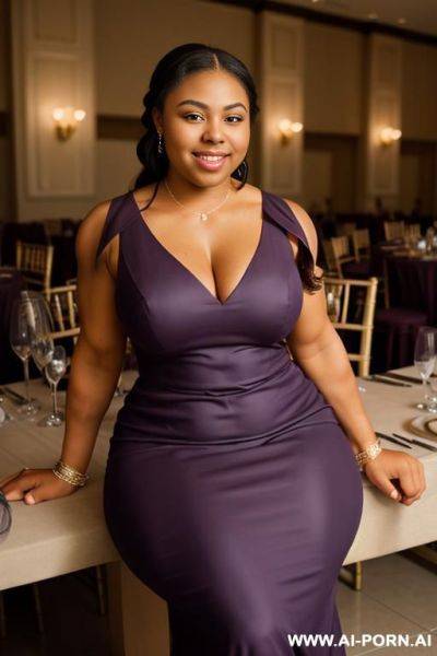 Medium shot, ((((thick arm muscles)))), 20 year old, sitting at a reception, smiling, wearing a bridesmaid dress, massive breasts - ai-porn.ai on pornintellect.com