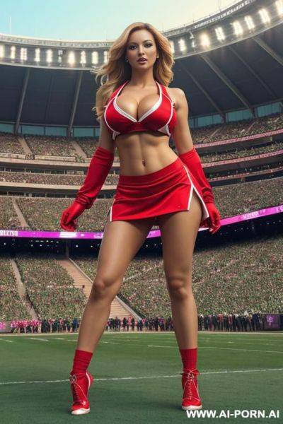 Ultra realistic, group of several sexy cheerleaders in a stadium, cheerleader outfit, boobs falling out, 1 green outfit, 1 red outfit - ai-porn.ai on pornintellect.com