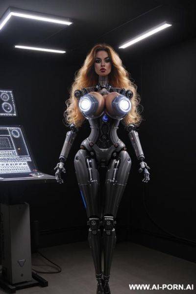 Sexbot, front view, full body view, standing upright, hands on spaceship control desk, looking at viewer, beautiful seductive human face with tanned silicone skin, long straight blonde hair, big - ai-porn.ai on pornintellect.com