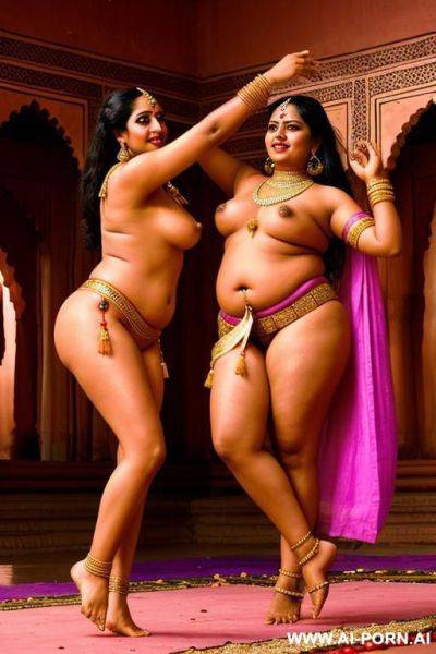 Two ancient indian chubby full naked female servants with shaved vaginas are dancing in a colourful indian palace - ai-porn.ai - India on pornintellect.com
