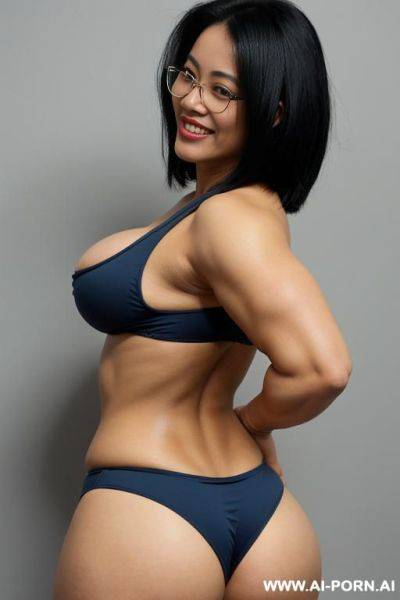 Peruvian bodybuilder, wide hips, fat ass, laughing, blue thong, dancing , glasses, high heels, too sexual, from above, backside, showing ass, bending over - ai-porn.ai - Peru on pornintellect.com