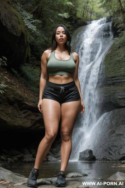 1woman, tight shorts, thick thighs, hiking at the waterfall - ai-porn.ai on pornintellect.com