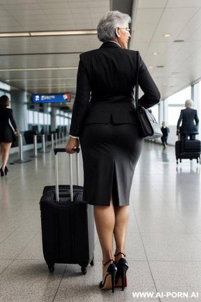 Back view, 0-year-old grandmother, very visible signs of age, full body, standing, triangular hips, thick thighs, full breasts, gray hair, big smile, wearing a black suit and skirt, high heels, leaving the airport with her suitcases - ai-porn.ai on pornintellect.com