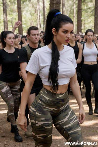 Girl with a black ponytail in a white t-shirt gets fucked by a crowd in the forest, brown eyes, caucasian, camo leggings, black military boots, - ai-porn.ai on pornintellect.com