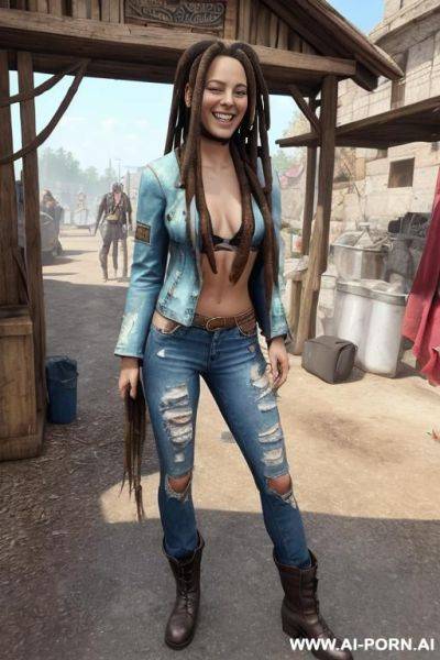 A woman with dreadlocks is wearing worn and bleached out, ripped and light blue pants and an old jeans jacket. she has long, messy brown hair. there ist lot of trash around. - ai-porn.ai on pornintellect.com