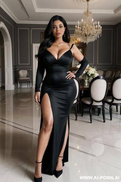 0-year-old grandmother, very visible signs of age, full body, standing, triangular hips, thick thighs, full breasts, shoulder length hair, wearing a long and elegant black dress, in the dining room of her luxury mansion - ai-porn.ai on pornintellect.com
