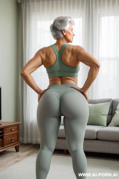 Back view, 0 year old grandmother, full body, standing, age marks clearly visible, gray hair, triangular hips, thick thighs, wearing light green yoga pants, living room - ai-porn.ai on pornintellect.com