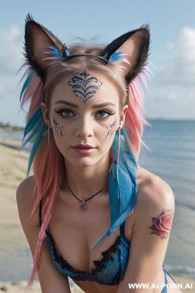 Face, sexy, beautiful, ((face painting)), ((bikini as seashell)), ((tattoo roses)), ((eyes shw)), ((angel wings)), ((rainbow hair)), ((one rose in hair) ((long bu hair)), ((wind)), (( cat face)), (( - ai-porn.ai on pornintellect.com