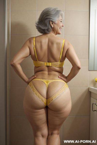 Back view, 0 year old grandmother, full body, standing, age marks clearly visible, gray hair, smiling, triangular hips, thick thighs, wearing yellow lace panties, bathroom - ai-porn.ai on pornintellect.com