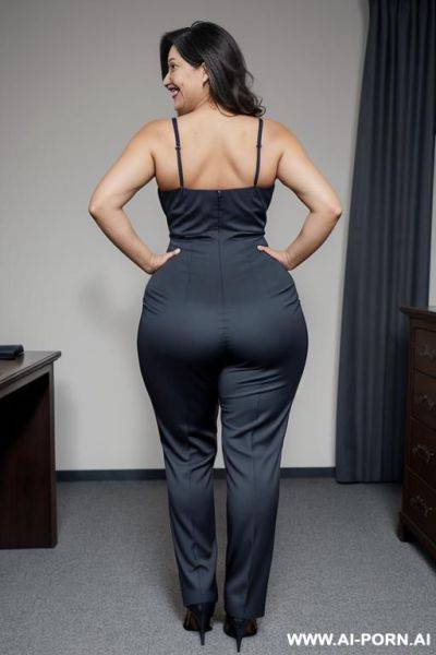 Back view, 0 year old grandmother, full body, standing, age marks clearly visible, gray hair, smiling, triangular hips, thick thighs, wearing dark blue formal wear, office - ai-porn.ai on pornintellect.com