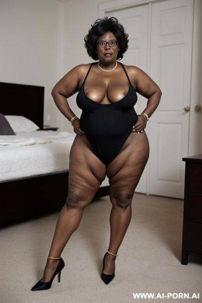 Front view, black grandmother, 0 years old, with glasses, bedroom, very visible signs of age, full body, standing, overw, medium hair, natural breasts, gray hair, wearing black low-cut pumps, high heels, hairy pussy - ai-porn.ai on pornintellect.com