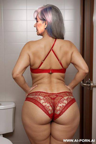 Back view, 0 year old grandmother, full body, standing, age marks clearly visible, gray hair, triangular hips, thick thighs, wearing red lace panties, bathroom - ai-porn.ai on pornintellect.com