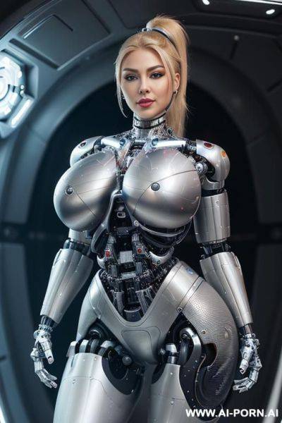 (((realistic look, super realistic))) ((spaceship)) ((front view)) (((beautiful cyborg woman))) (((sexy cyborg woman))) ((blonde)) ((long ponytail hairstyle)) (((perfectly beautiful face, sexy plump lips))) - ai-porn.ai on pornintellect.com