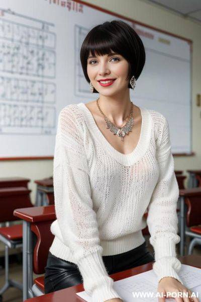 Seductive smile , seated in a russian classroom, white sweater, necklace, earrings, russian writings print on the white board, micro bangs haircut - ai-porn.ai - Russia on pornintellect.com