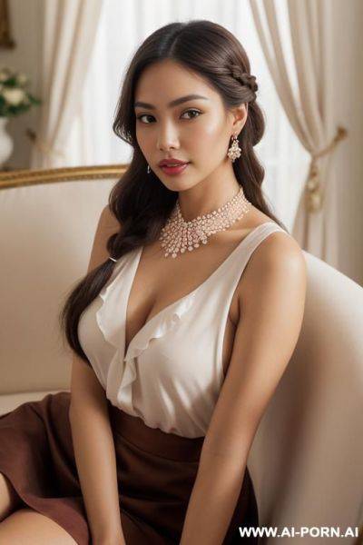 Beautiful spanish-filipina woman, early 20s, hourglass figure with full natural breasts and wide soft hips, m skin, long wavy dark espresso-brown hair in a vintage braid, soft round facial - ai-porn.ai on pornintellect.com