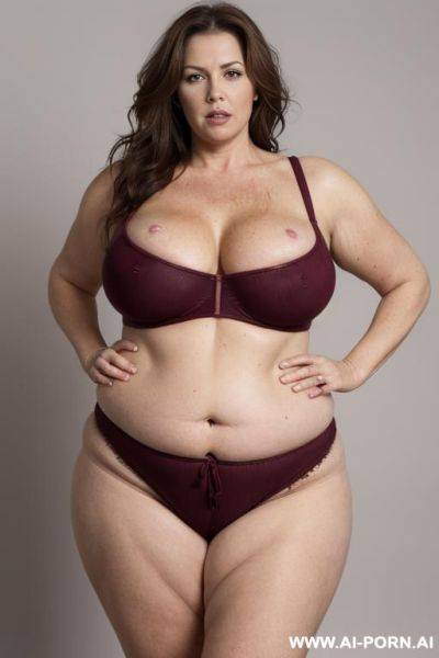 ((unattractive woman), middle-aged woman, natural body, realistic figure, trimmed pubes, sagging boobs, pudgy waistline, (stretchlines on thighs), messy hair - ai-porn.ai on pornintellect.com
