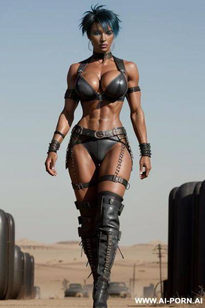 Dark black woman. toned. bracelet, thigh chain. punk hairstyle with fully shaved sides. bulging oversized tits. leather shoulder pad. mad max. fallout. ruined city in background. holster. city ruins. very tanned skin. running tods you. - ai-porn.ai on pornintellect.com