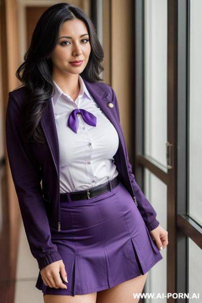 Purple lingerie, purple medium length hair, latina, big (((fake))) tits, uniform - ai-porn.ai on pornintellect.com