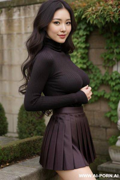 Pretty, japanese, 30, flowing wavy hair, dark brown hair, perfect natural boobs, slight smile, makeup, eye shw, standing, spreading legs, pleated silk skirt, turtleneck, walled garden background. - ai-porn.ai - Japan on pornintellect.com