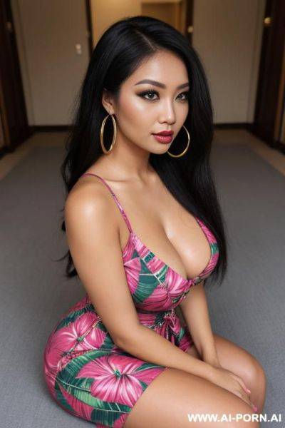 Sitting, tight tropical dress, casual clothes, extremely pretty, makeup, full lips, button nose, ahegao, flowing hair, hoop earrings, big round boobs, tight waist, eye contact, looking at viewer - ai-porn.ai on pornintellect.com