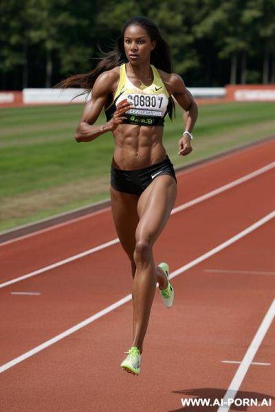 Photorealistic image of a stunning, , fit woman with long hair is a track and field athlete, she is doing long jump and got very long legs and wears tight, short sports attire. she is - ai-porn.ai on pornintellect.com