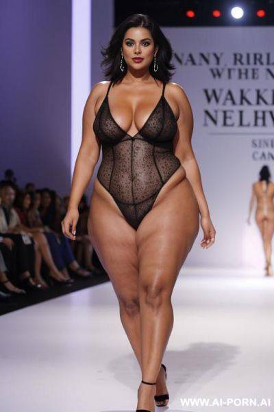 A mature curvy naked woman walking in a ramp walk - ai-porn.ai on pornintellect.com
