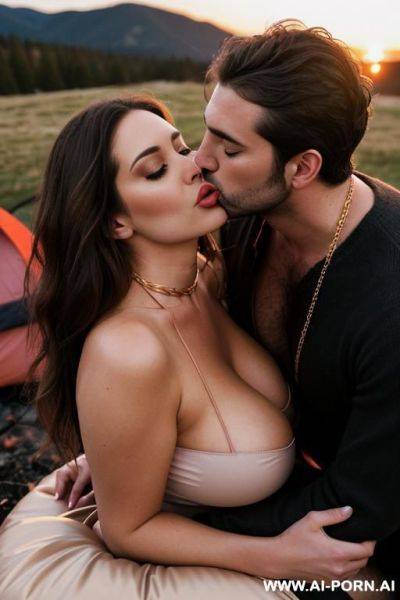A man is kissing her. she is shocked . campfire. tight pink dress. hairy pussy. large teardrop saggy breasts. make up. getting into sleeping bag. a man is kissing her - ai-porn.ai on pornintellect.com
