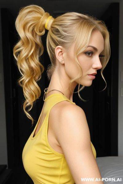 Blonde, curly hair, ponytail, yellow formal shirt black tank top inside - ai-porn.ai on pornintellect.com
