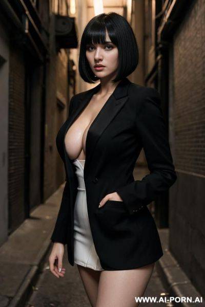 One woman, caucasian, white skin, 20 years old, open black blazer and black dress, straight bangs haircut, black hair, black eyes, huge breasts, big ass, scared, crime alleyway, midnight, stand up - ai-porn.ai on pornintellect.com