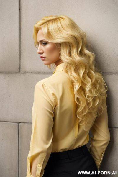 Face pressed against the wall, from behind, angry face, blonde, curly hair, formal yellow shirt, black formal pants - ai-porn.ai on pornintellect.com