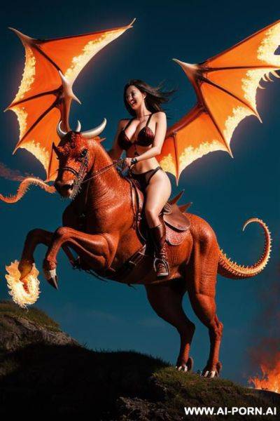 Woman riding vyvern. (flying monster, which can breathe fire) - ai-porn.ai on pornintellect.com