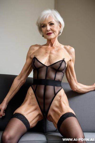 Matured old gilf, wrinkles, very wrinkled skin, anal fuck gilf, aging marks, elries, perfect eyes, waist shot, (keep face), totally naked, open legs, open anal, anal fucking, arms back behind, wearing high heels, mouth gag, wearing stockings - ai-porn.ai on pornintellect.com