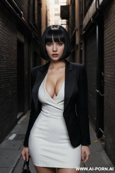 One woman, caucasian, white skin, 20 years old, open black blazer and black dress, straight bangs haircut, black hair, black eyes, huge breasts, big ass, scared, crime alleyway, midnight, stand up - ai-porn.ai on pornintellect.com