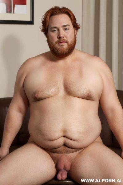 Imagine a fat guy in his forties with a erect penis, red-blonde short hair and a full beard - ai-porn.ai on pornintellect.com