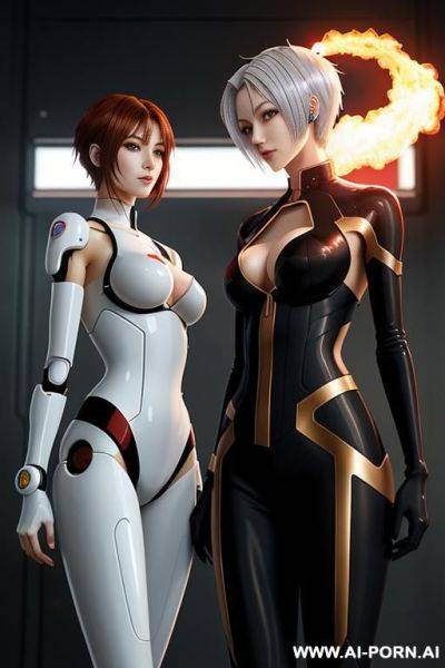 An anime-style drawing of a futuristic female ai with short white hair and a woman with long reddish-brown hair, both imd on spits lengthwise through their bodies and being roasted. - ai-porn.ai on pornintellect.com