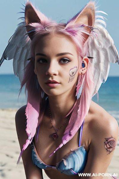 Face, ((sexy)), beautiful, ((bikini transparent)), ((transparent)), ((percing nose)), ((face painting)), ((bikini as seashell)), ((tattoo roses)), ((eyes shw)), ((angel wings)), ((rainbow hair)), ((one rose in - ai-porn.ai on pornintellect.com