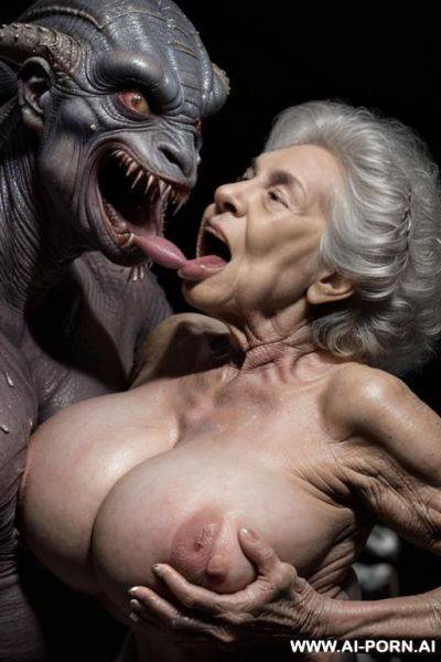 ((((two characters on the image: space-monster and human elderly woman!)))). nightfall. lush tropical rainforest. heavy rain. monster is big non-humanoid al_ien from deep space, monster is terrifying - ai-porn.ai on pornintellect.com