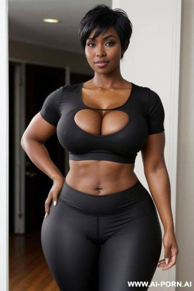 Sexy bimbo milf, aged milf, matured milf, thot, really dark black skin, deep dark black skin color, ultra thicc, bulked up thighs, tight shirt, extremely gigantic boobs, perfect eyes - ai-porn.ai on pornintellect.com