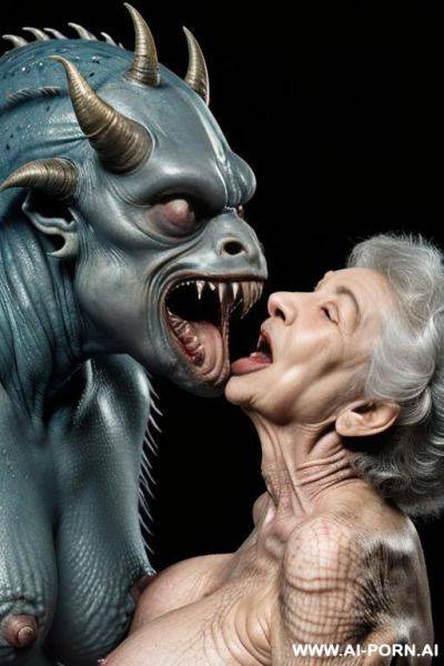 ((((two characters on the image: space-monster and human elderly woman!)))). nightfall. lush tropical rainforest. downpour. monster is big non-humanoid al_ien from deep space, monster is terrifying and - ai-porn.ai on pornintellect.com