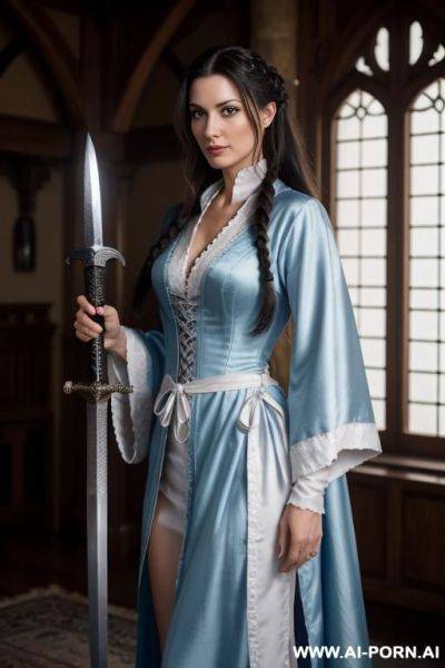 A woman with long, dark hair holding a sword in a dynamic pose. she appears to be a adult woman in her 30s, with dark, flowing hair that reaches down to her waist. her hair is wavy - ai-porn.ai on pornintellect.com