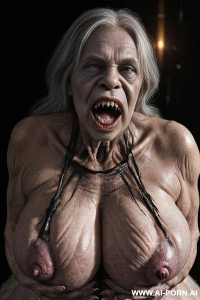 ((((two characters on the image: space-monster and human elderly woman!)))). nightfall. downpour. monster is huge non humanoid al_ien from deep space, monster is terrifying and devil like creature in - ai-porn.ai on pornintellect.com